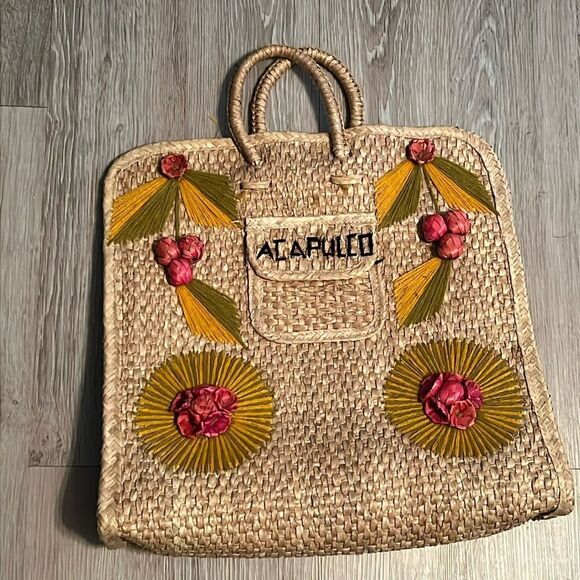 Vintage 60s Acapulco Tote Beach Bag Straw Woven Large Shopper 3D Rattan Flowers - Picture 1 of 12
